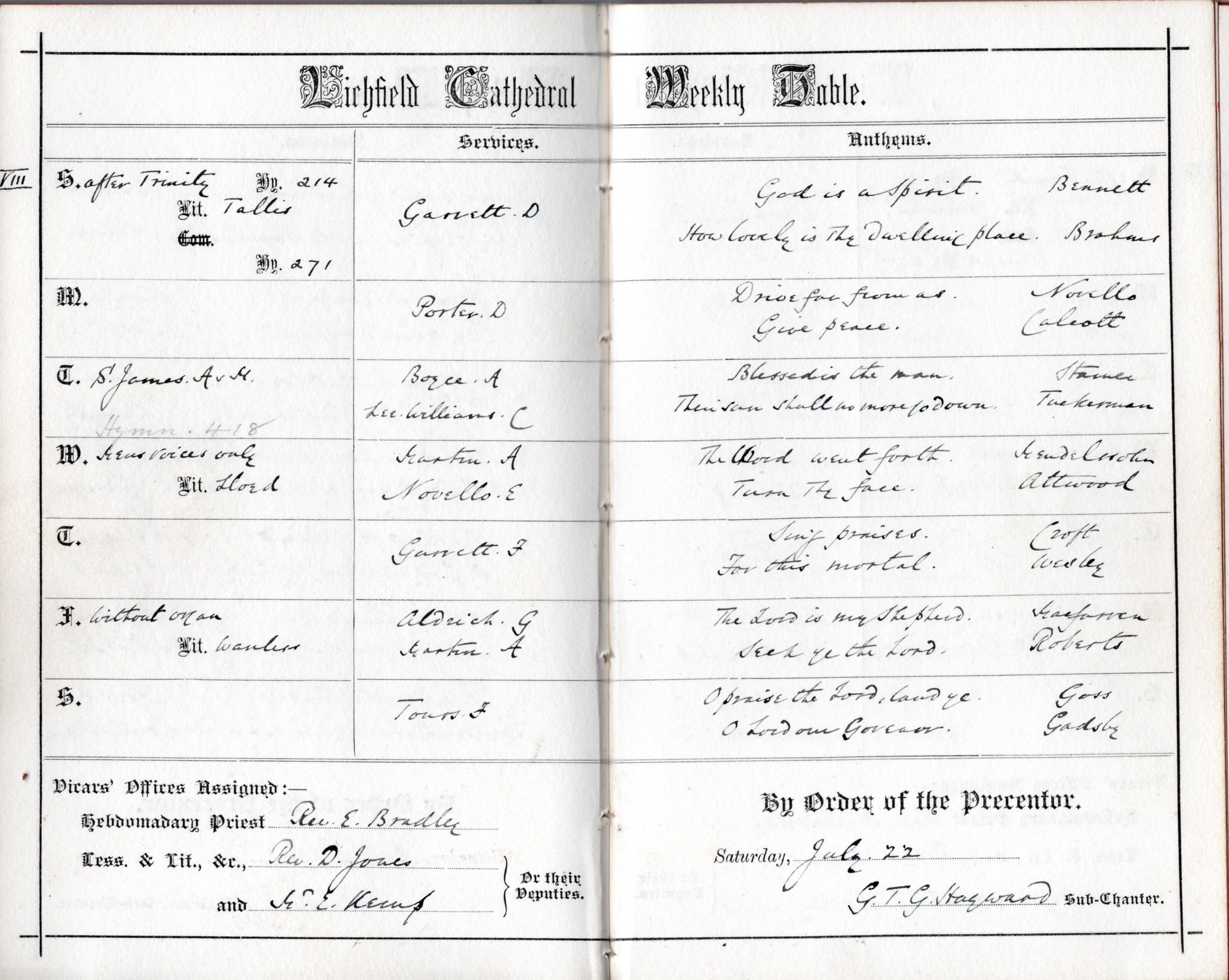 Services at Lichfield Cathedral for the week beginning 23 July 1893